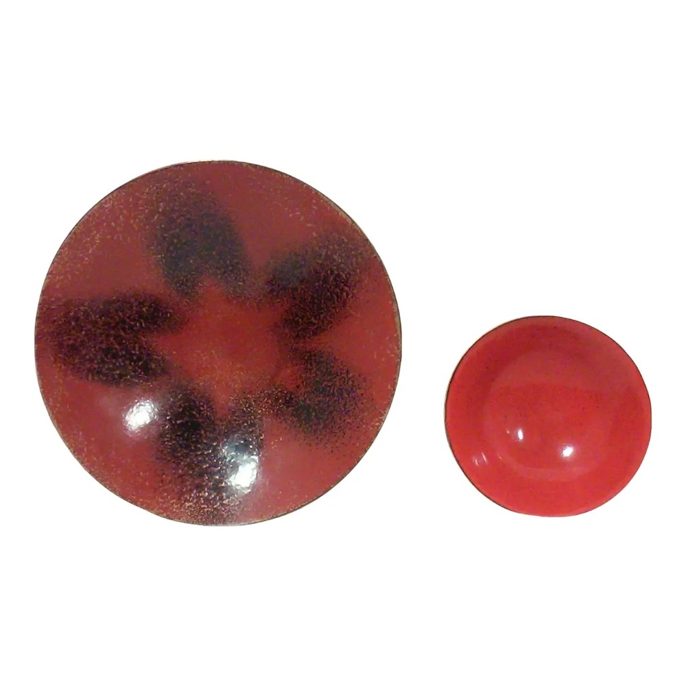 Mid-Century Enameled Brass Decorative Dishes Red Black A Pair